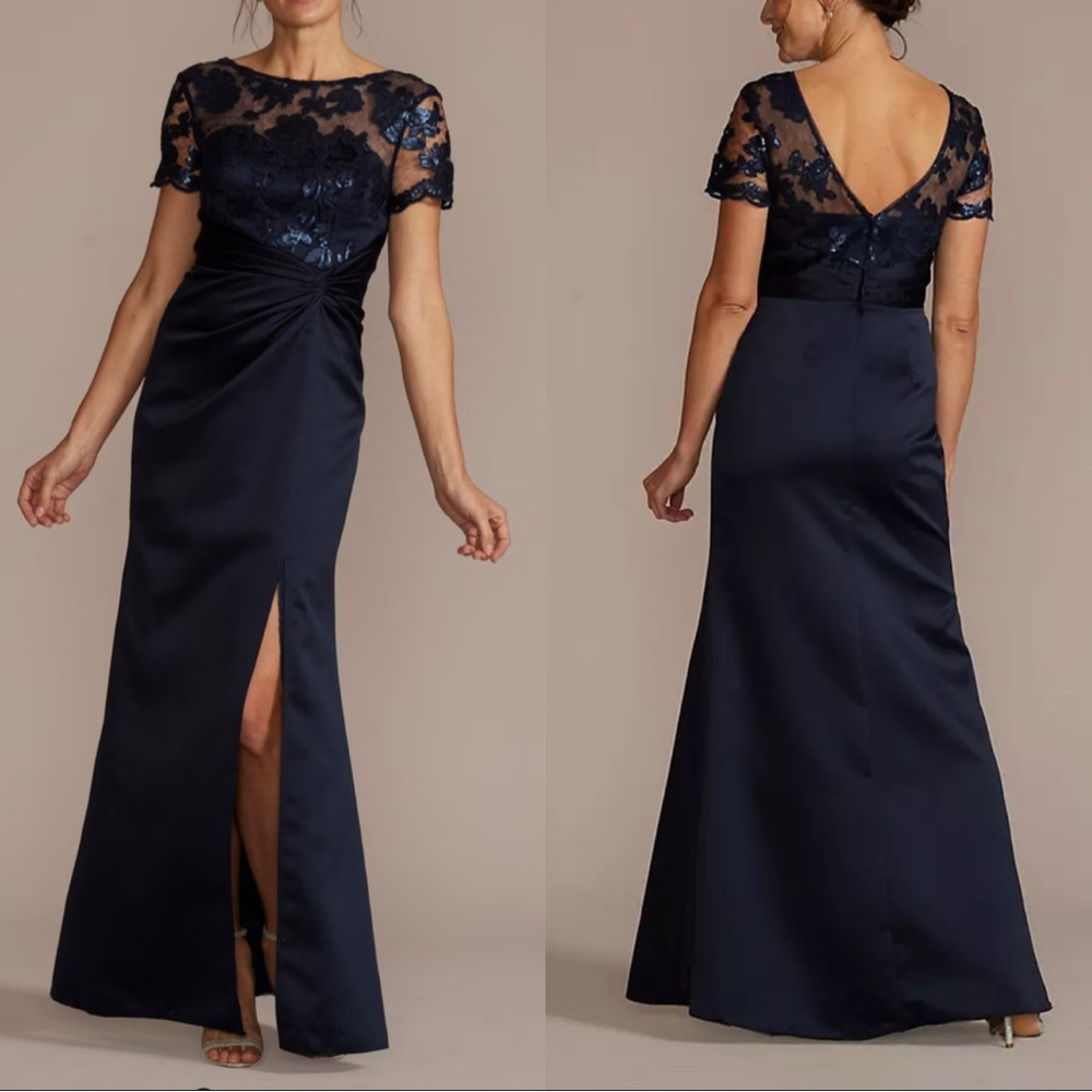 OLEG CASSINI Satin Sheath Gown with Lace Illusion Neck Length shortened size 8